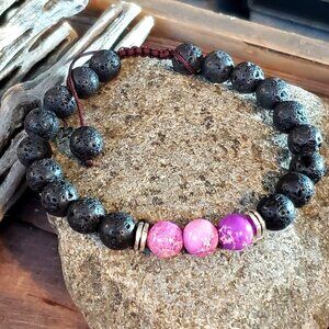 Handcrafted Chakra Bracelet Purple Aqua Terra Jasper Black Lava